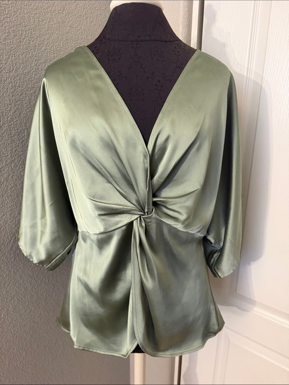 Pleione Satin Twist-Front Blouse - Sage Green Size Large - Picture 2 of 8